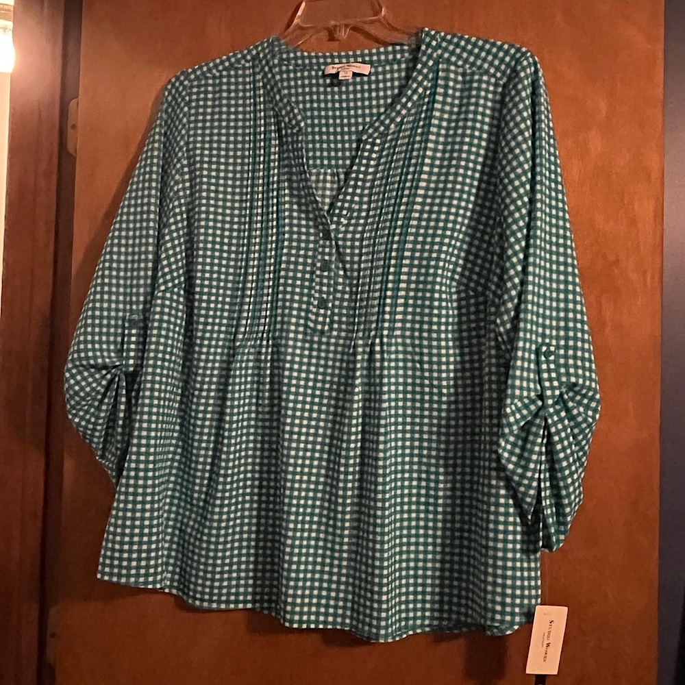 Studio Works 3/4 length sleeve plaid top NWT